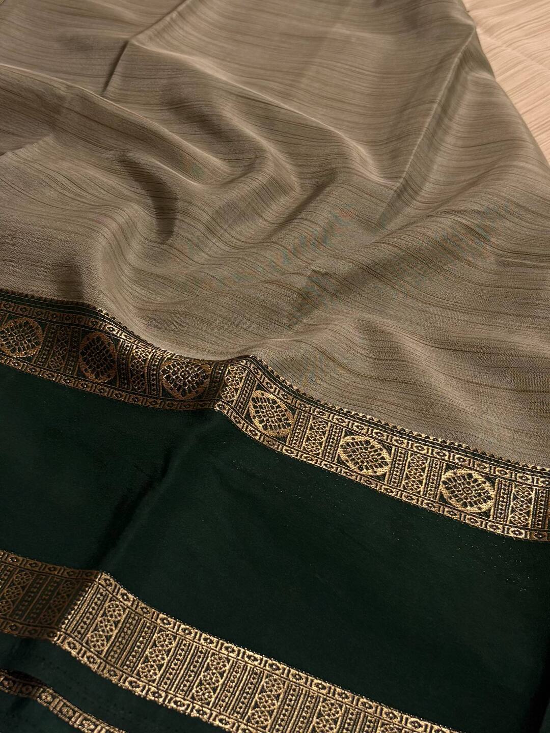 Beige With Emerald Green Border Semi Mysore Saree