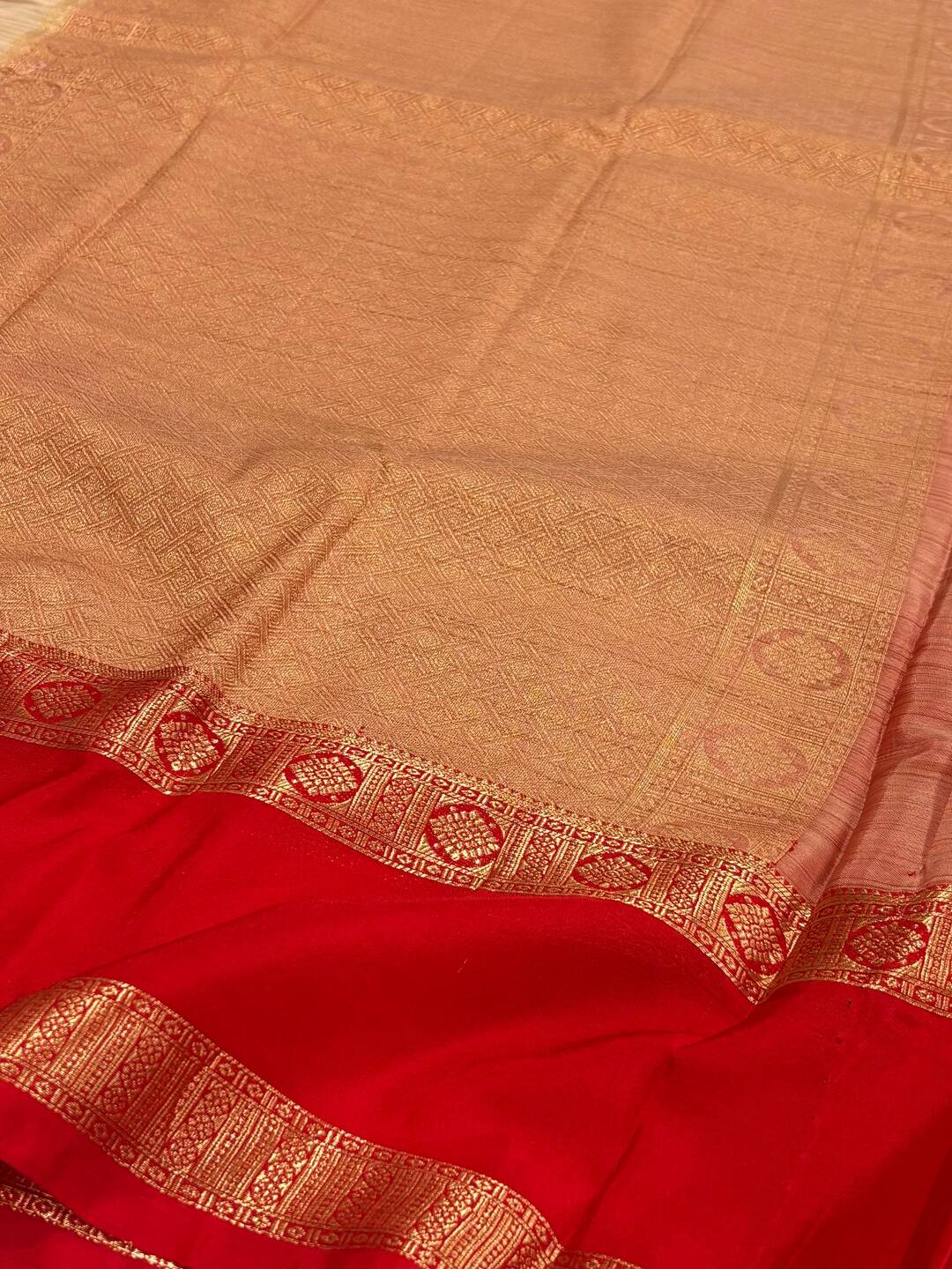 Beige With Red Border Semi Mysore Saree