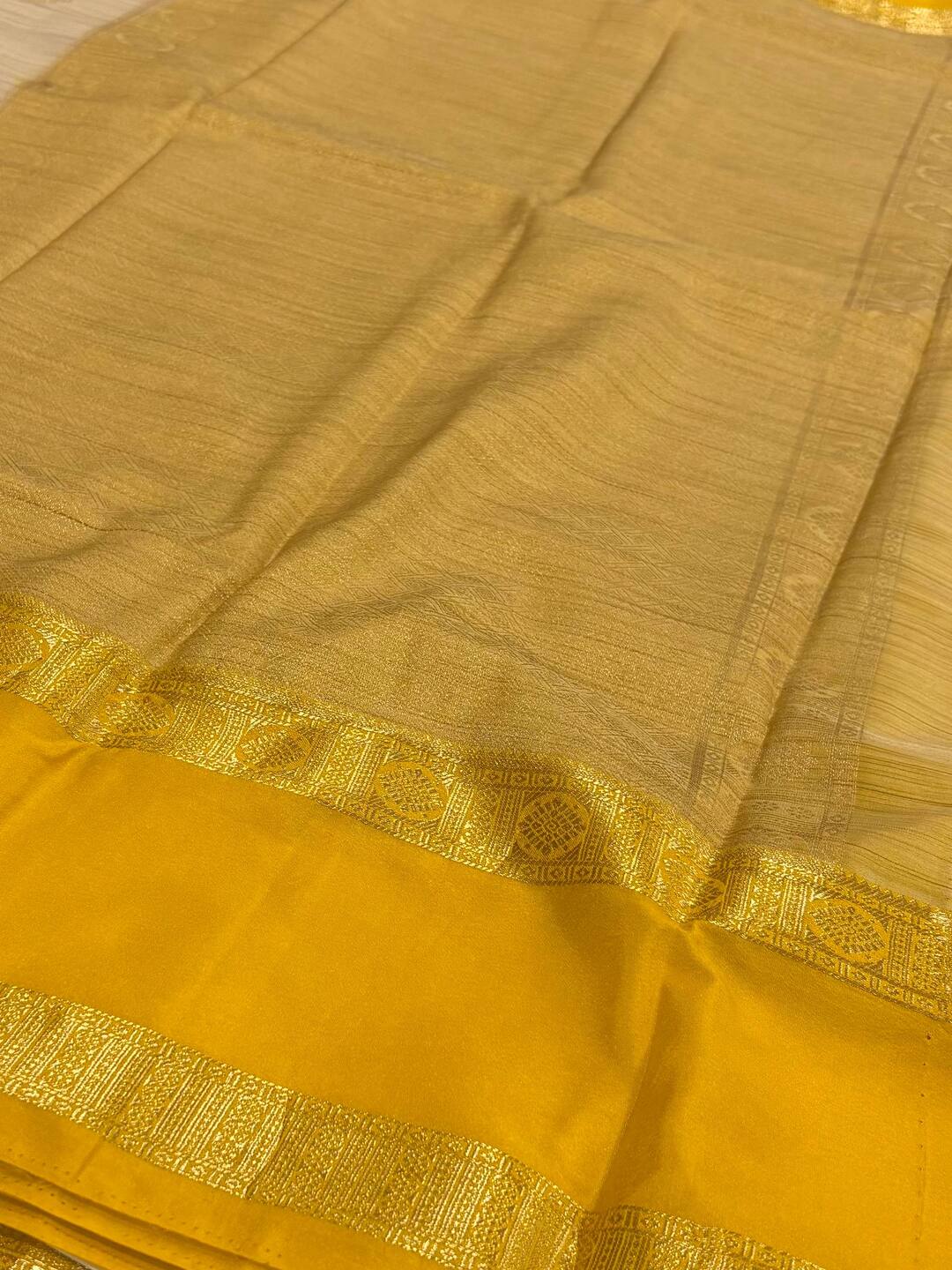 Beige With Yellow Border Semi Mysore Saree