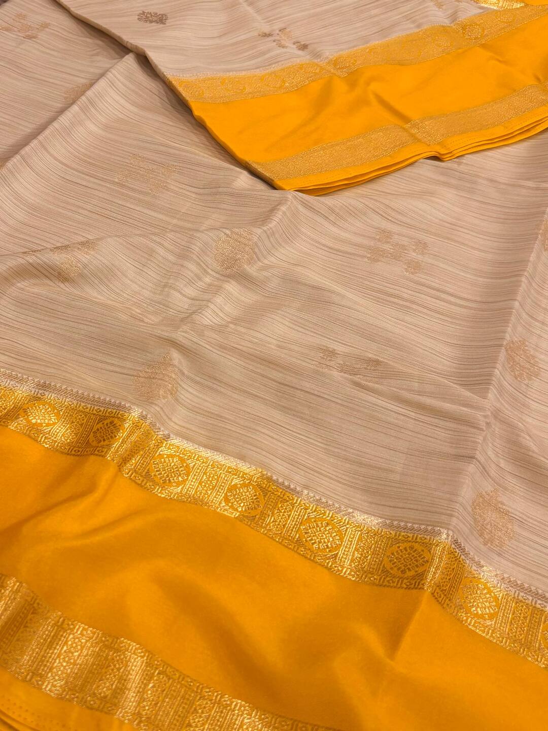 Beige With Yellow Border Semi Mysore Saree