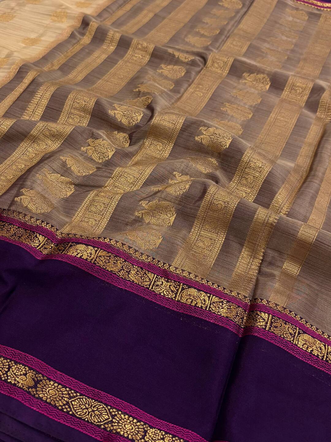 Beige With Royal Purple Semi Mysore Saree