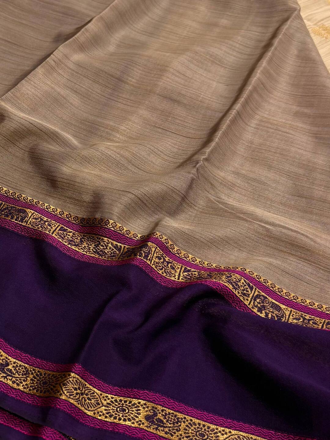 Beige With Royal Purple Semi Mysore Saree