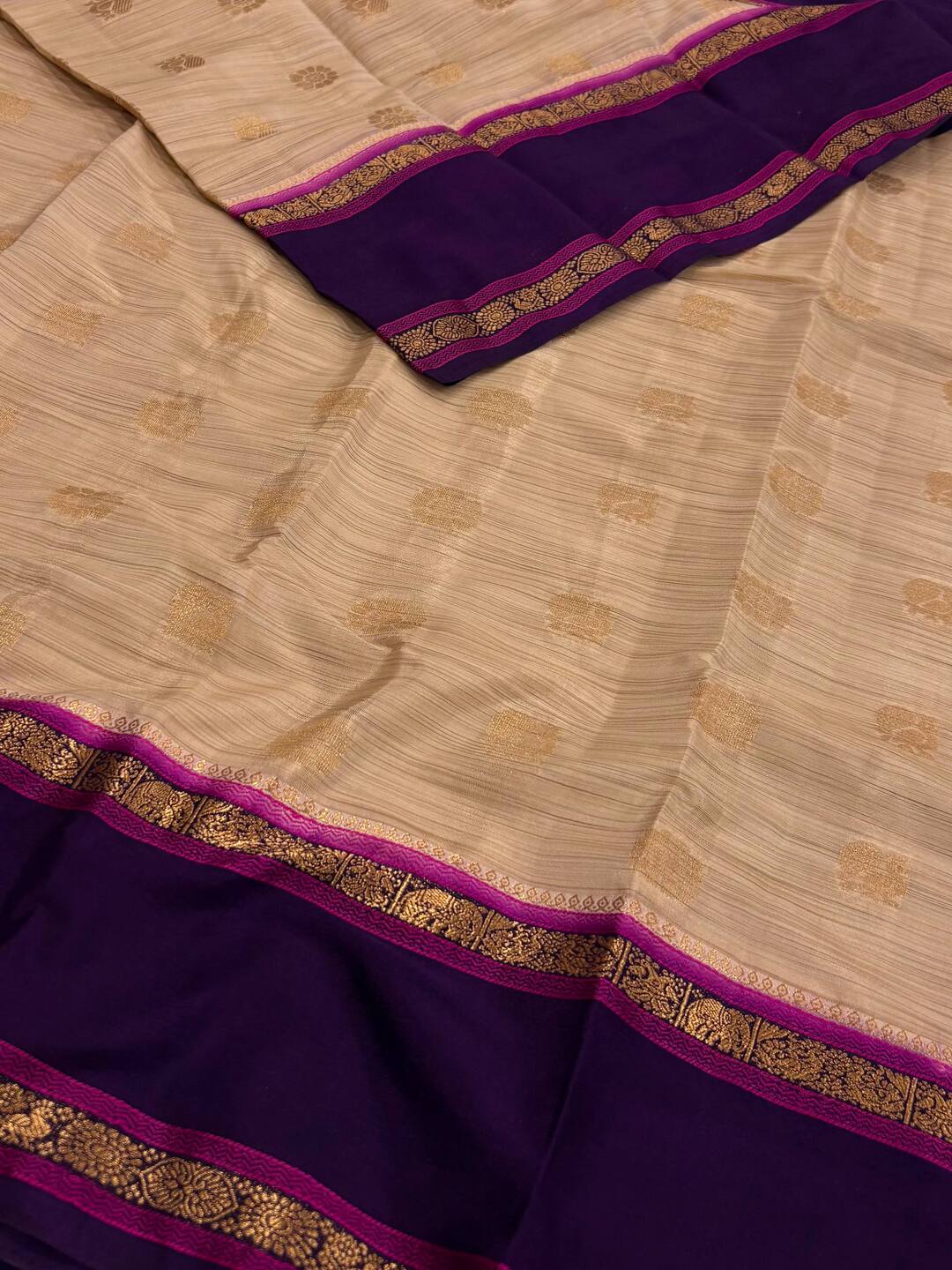 Beige With Royal Purple Semi Mysore Saree
