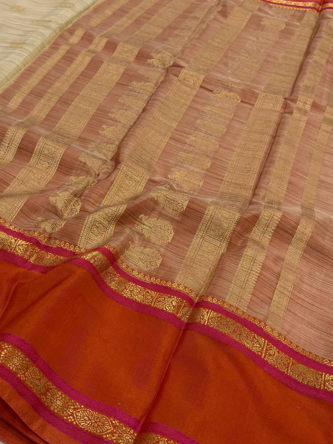 Beige With Orange Semi Mysore Saree