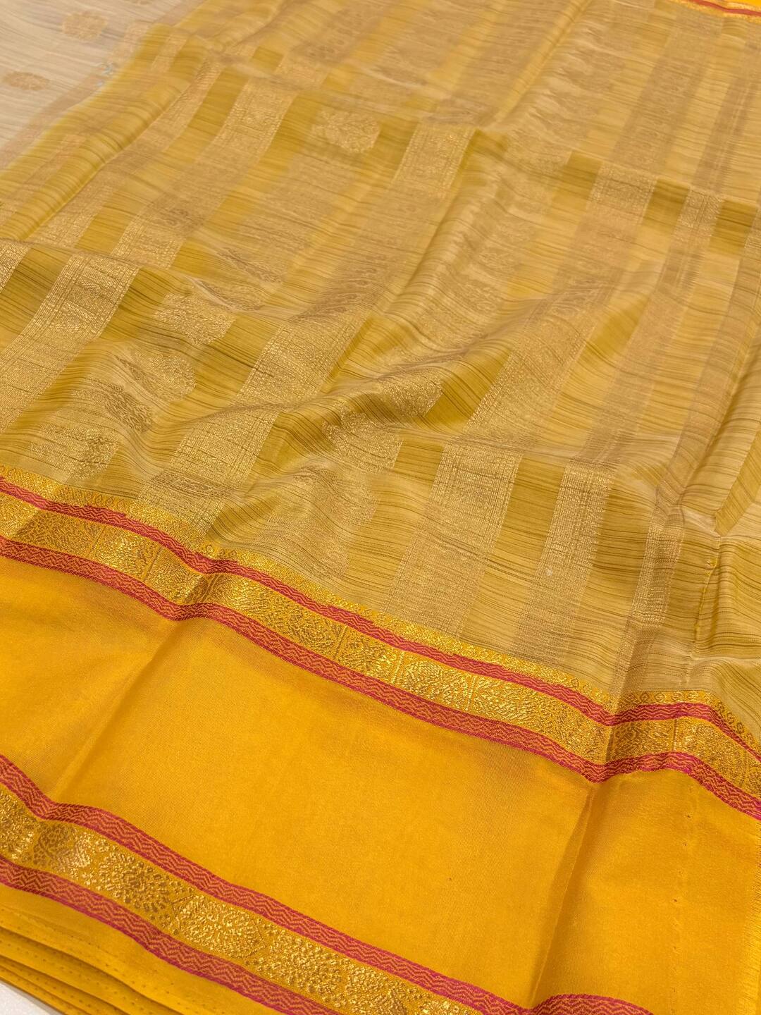 Beige With Yellow Orange Semi Mysore Saree