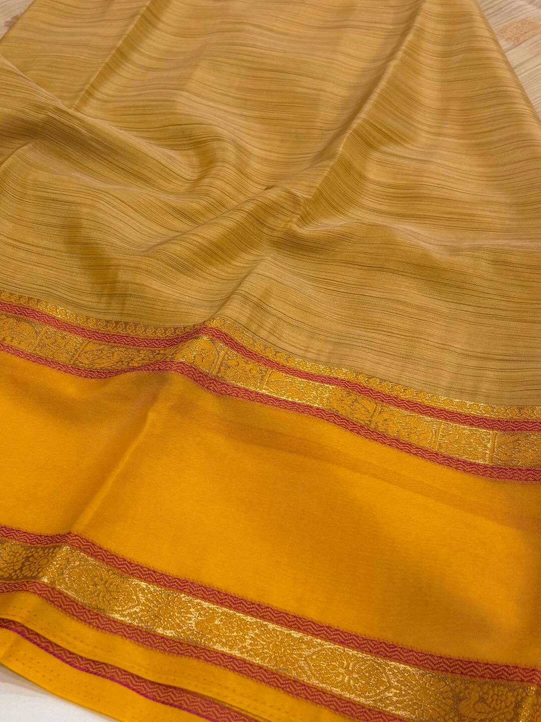 Beige With Yellow Orange Semi Mysore Saree