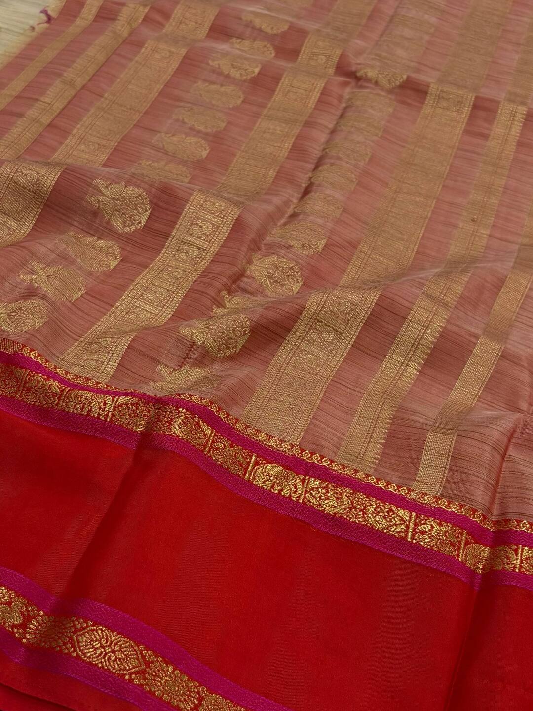 Beige With Chili Red Semi Mysore Saree