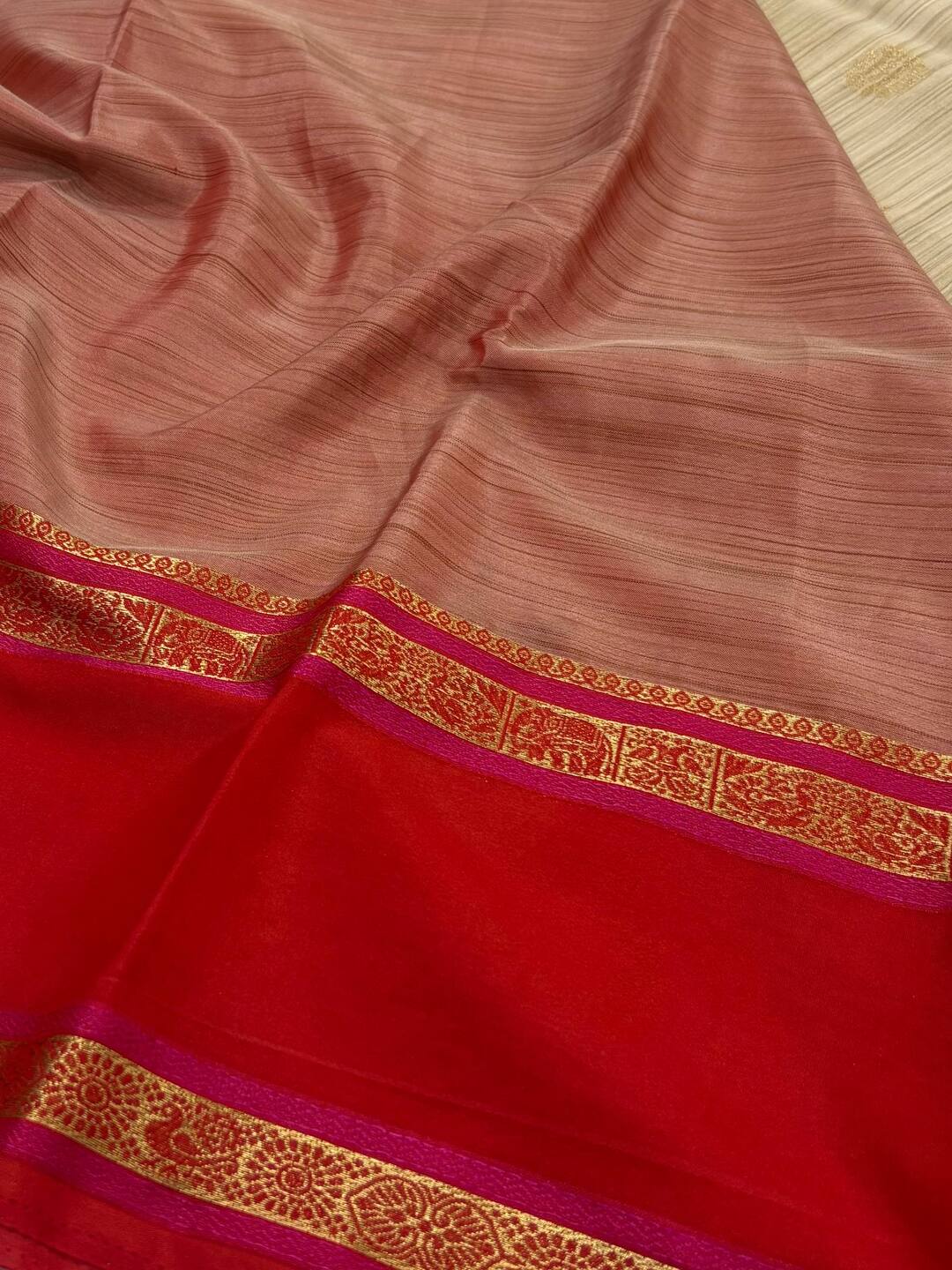 Beige With Chili Red Semi Mysore Saree