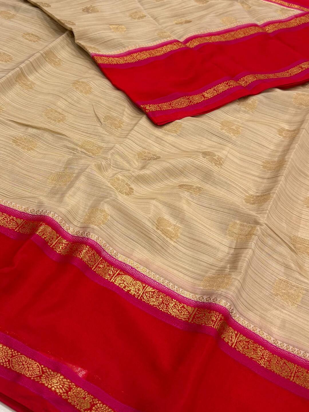Beige With Chili Red Semi Mysore Saree