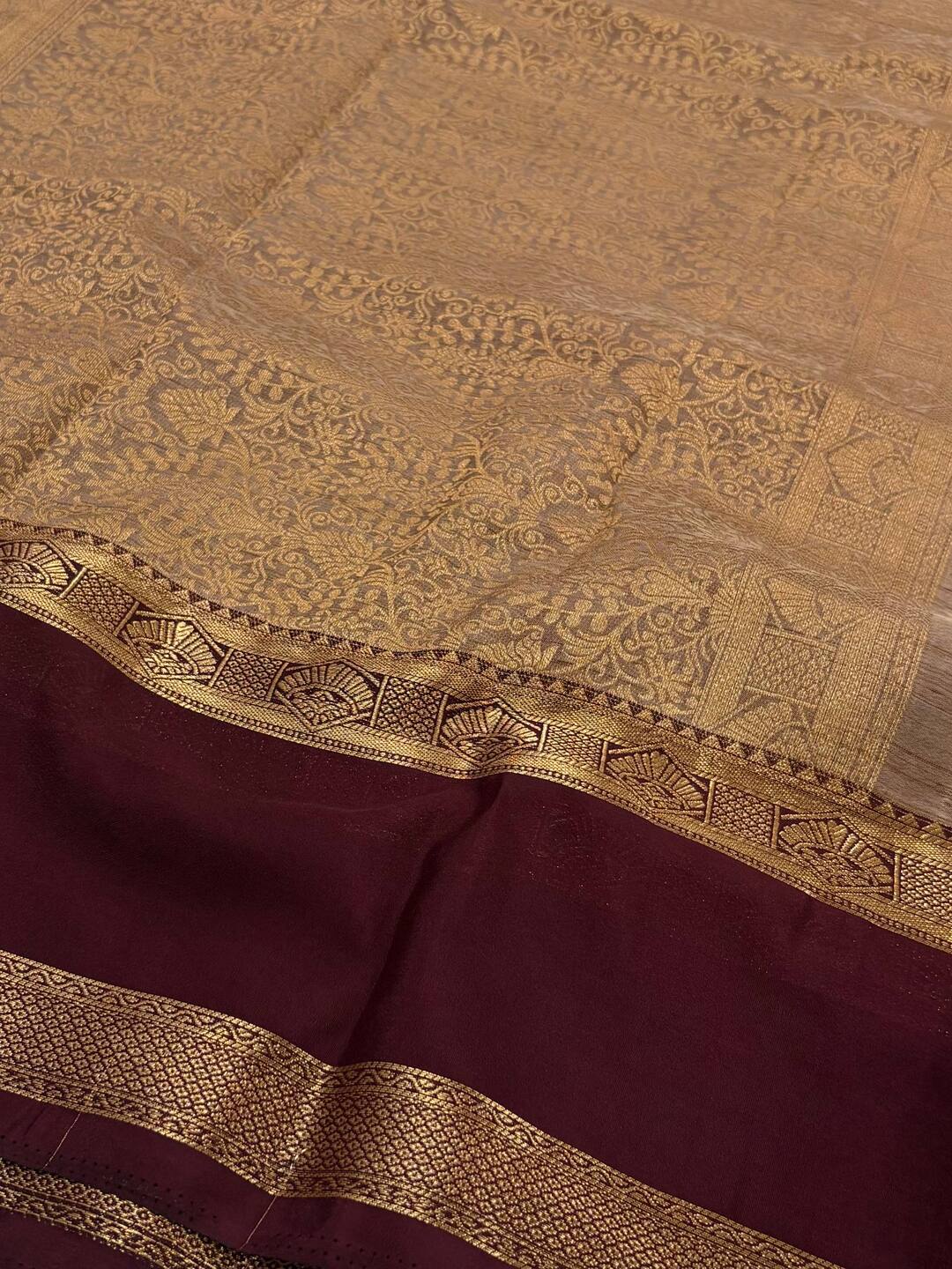 Beige With Wine Purple Semi Mysore Saree