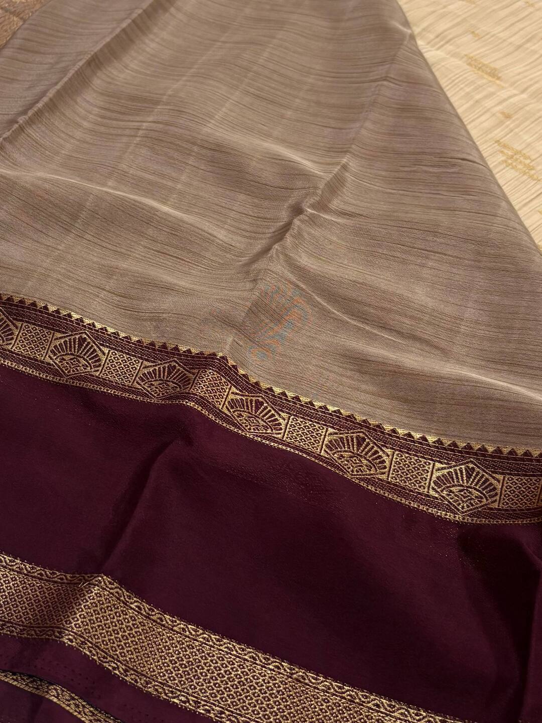Beige With Wine Purple Semi Mysore Saree
