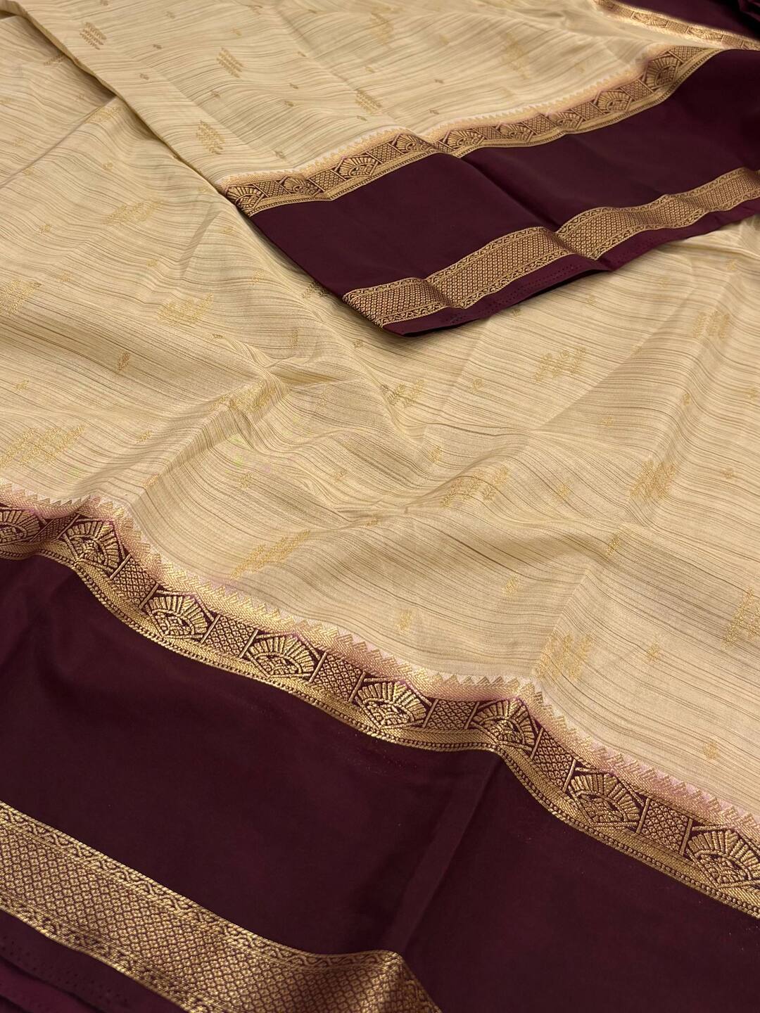 Beige With Wine Purple Semi Mysore Saree