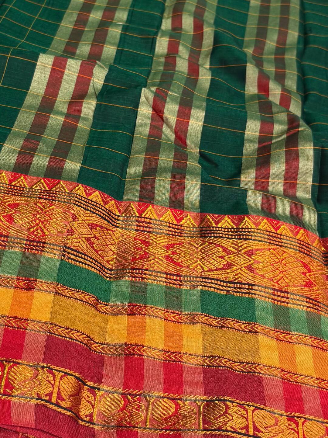 Emerald Green Checked Narayanpet Cotton Saree