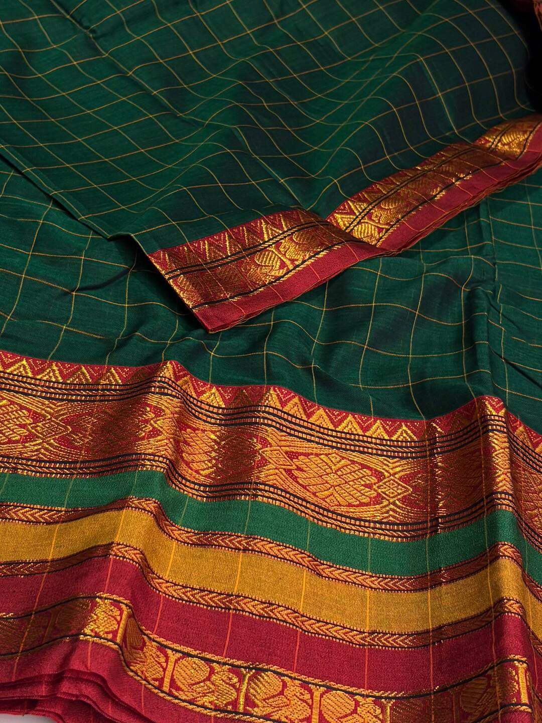 Emerald Green Checked Narayanpet Cotton Saree