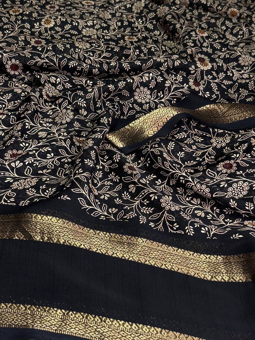 Black Floral Chiffon Silk Saree