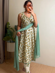 Off White Anarkali Cotton Suit