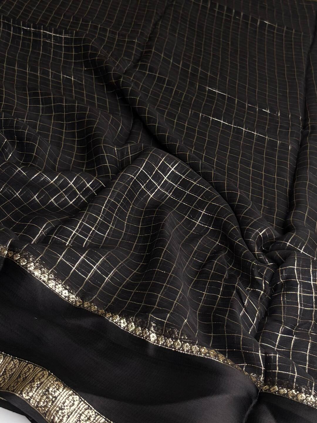 Black Checked Chiffon Silk Saree