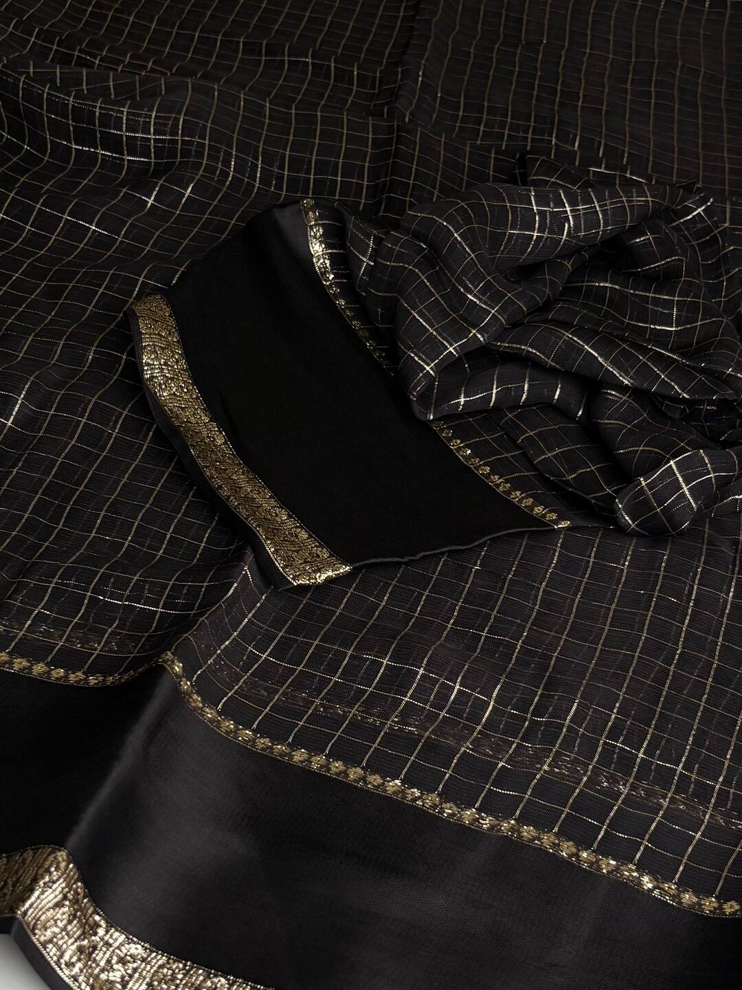 Black Checked Chiffon Silk Saree