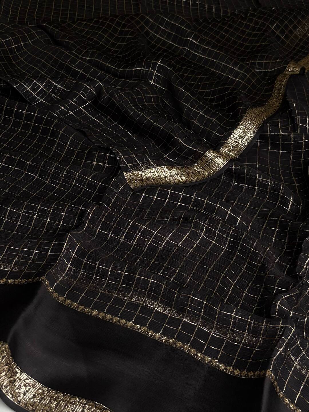 Black Checked Chiffon Silk Saree