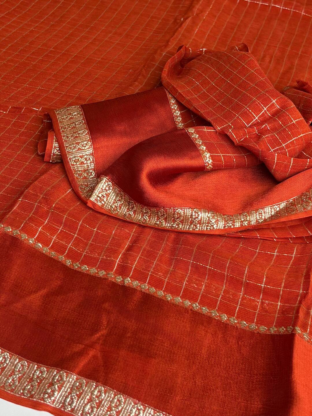 Orange Checked Chiffon Silk Saree