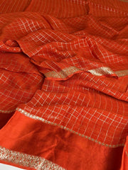 Orange Checked Chiffon Silk Saree
