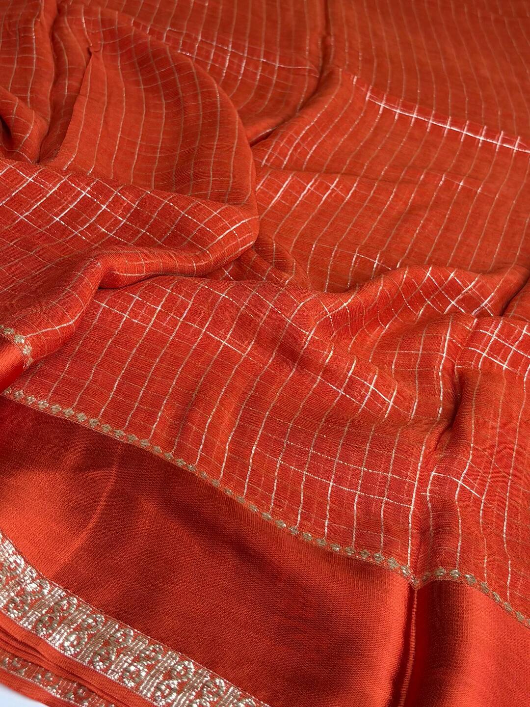 Orange Checked Chiffon Silk Saree