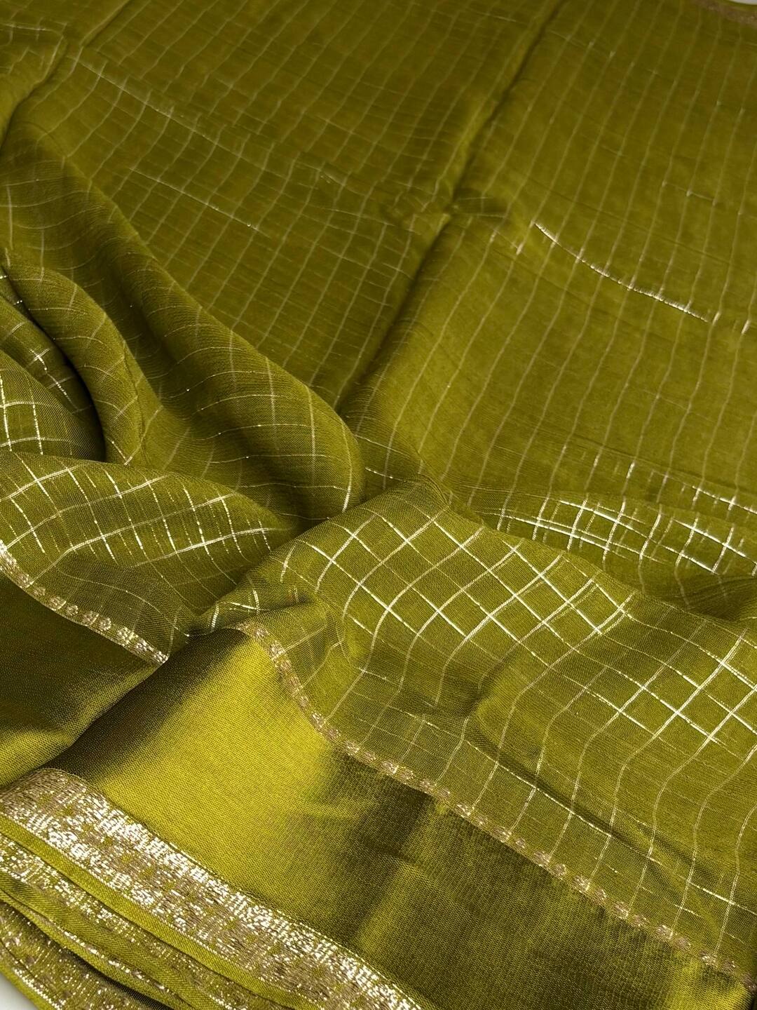Olive Green Checked Chiffon Silk Saree