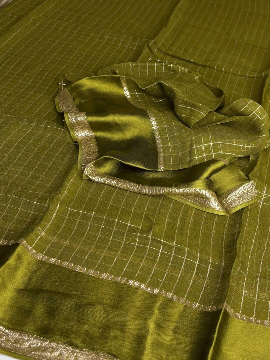 Olive Green Checked Chiffon Silk Saree