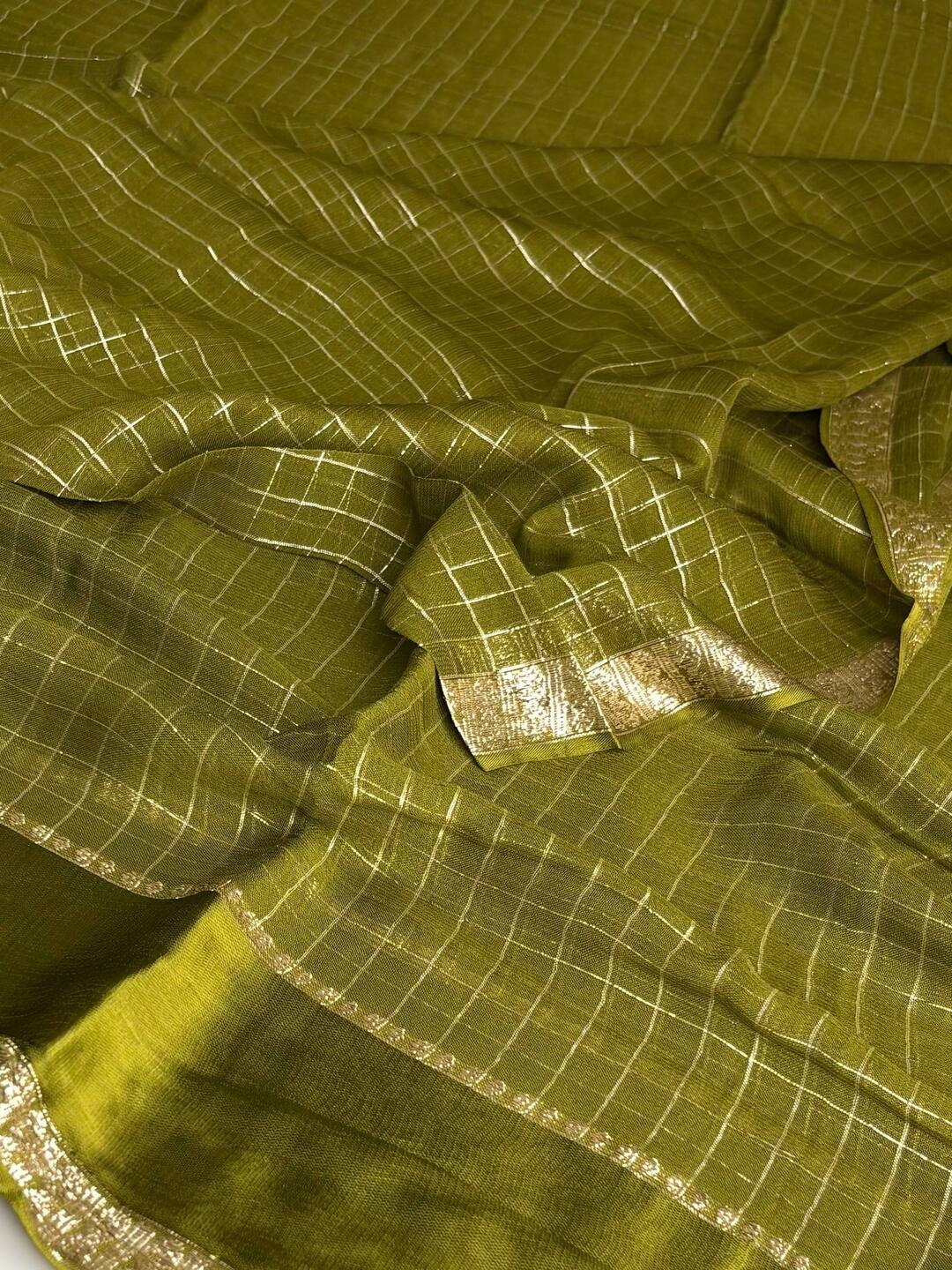 Olive Green Checked Chiffon Silk Saree
