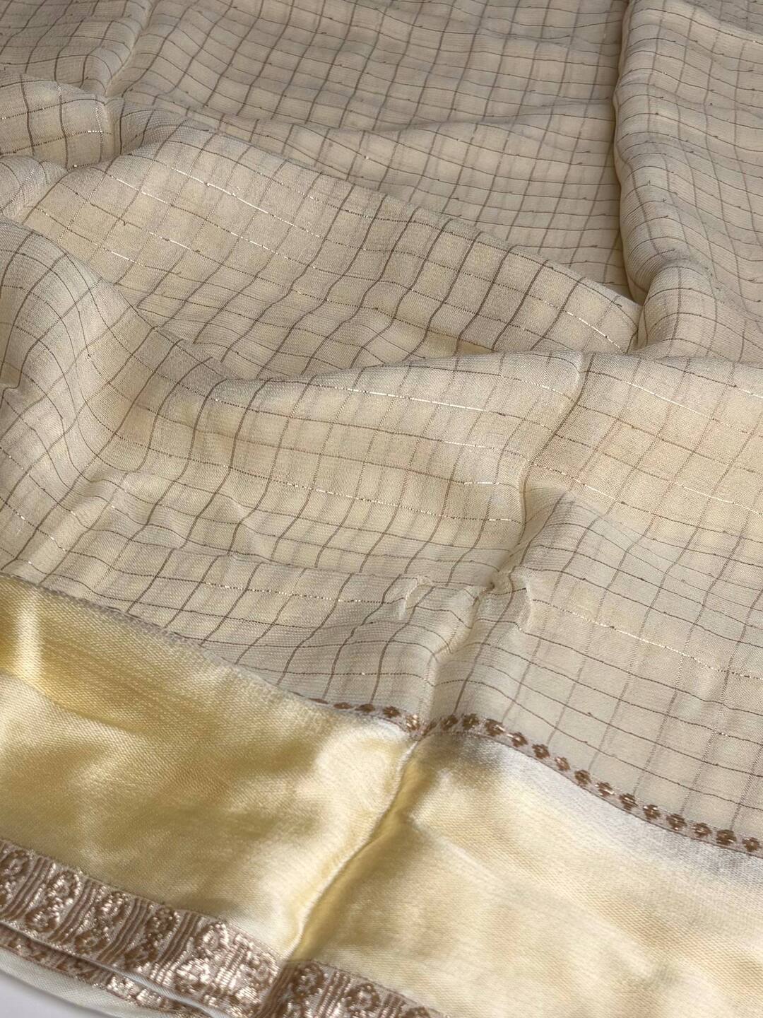 Off White Checked Chiffon Silk Saree