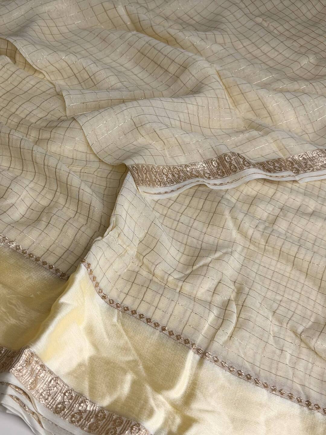 Off White Checked Chiffon Silk Saree