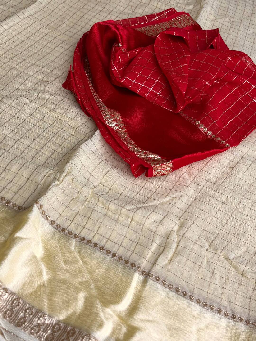 Off White Checked Chiffon Silk Saree