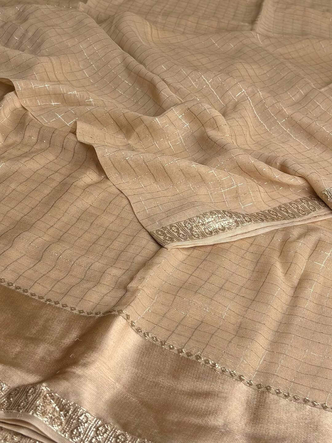 Champagne Checked Chiffon Silk Saree