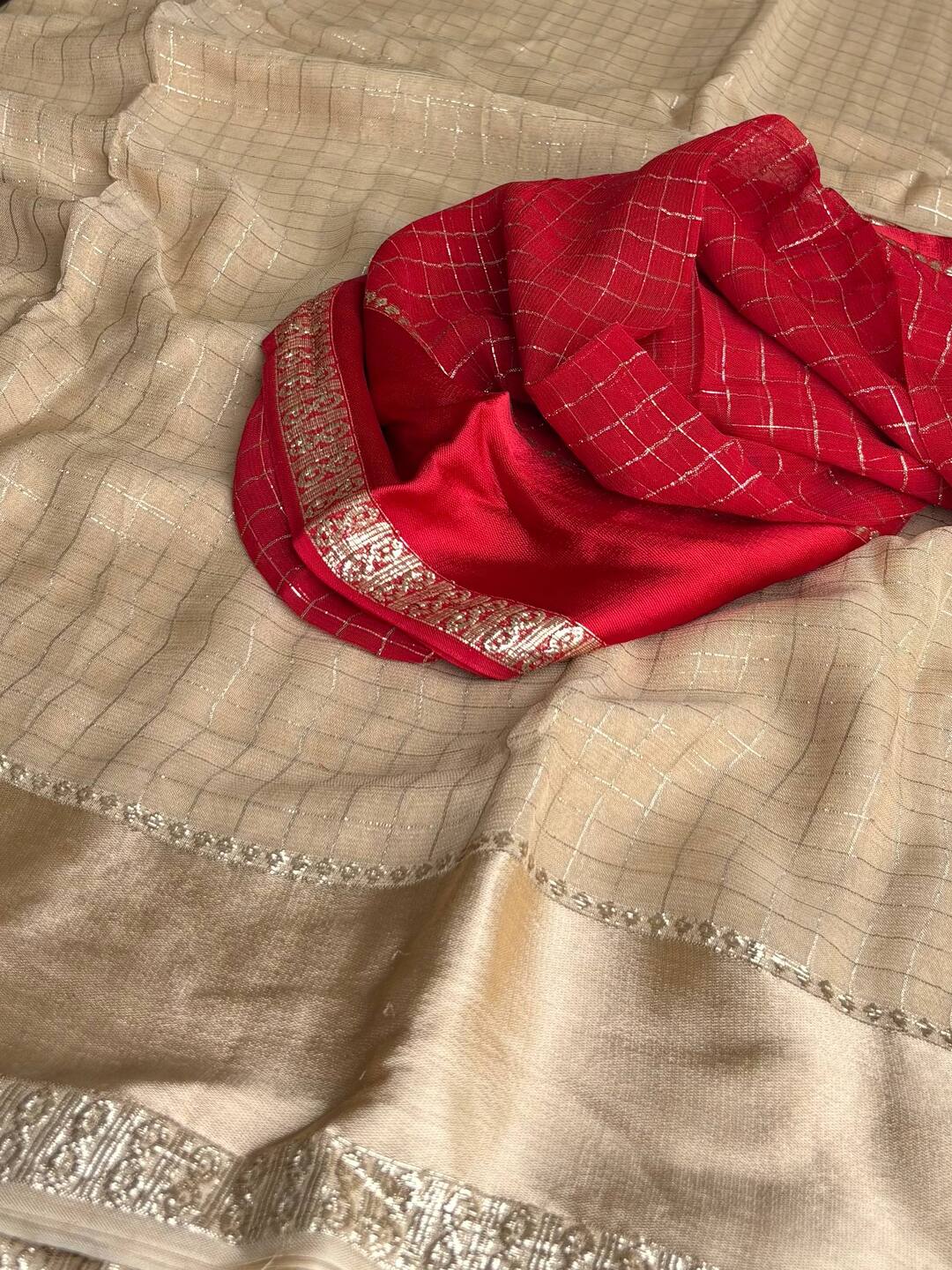 Champagne Checked Chiffon Silk Saree