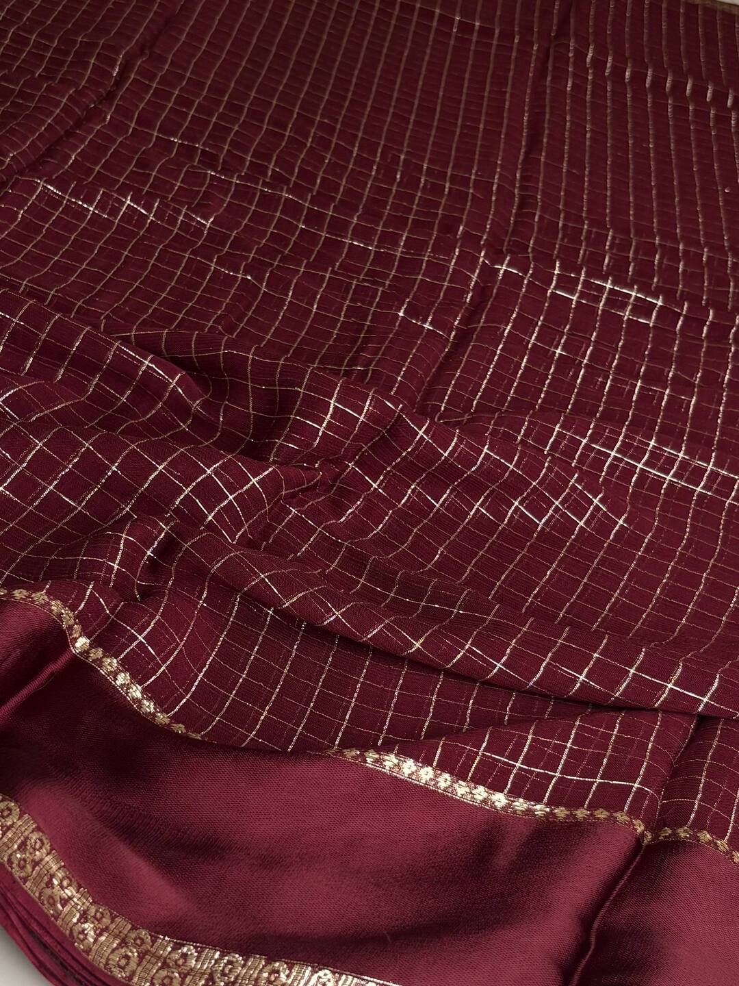 Deep Maroon Checked Chiffon Silk Saree