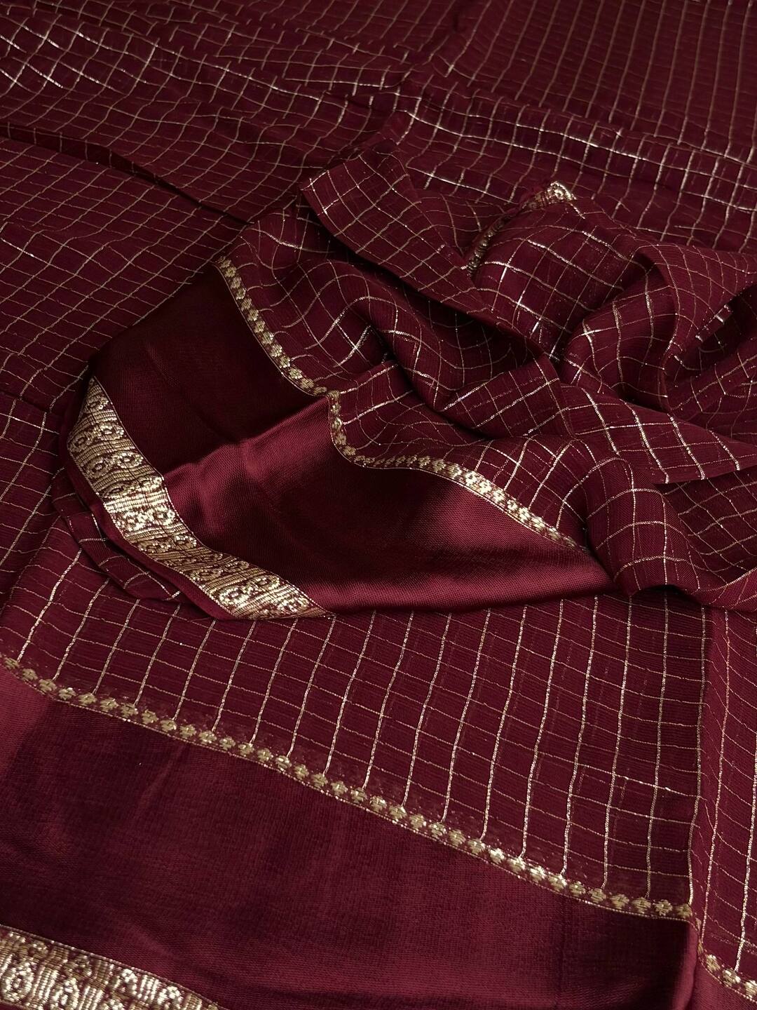 Deep Maroon Checked Chiffon Silk Saree