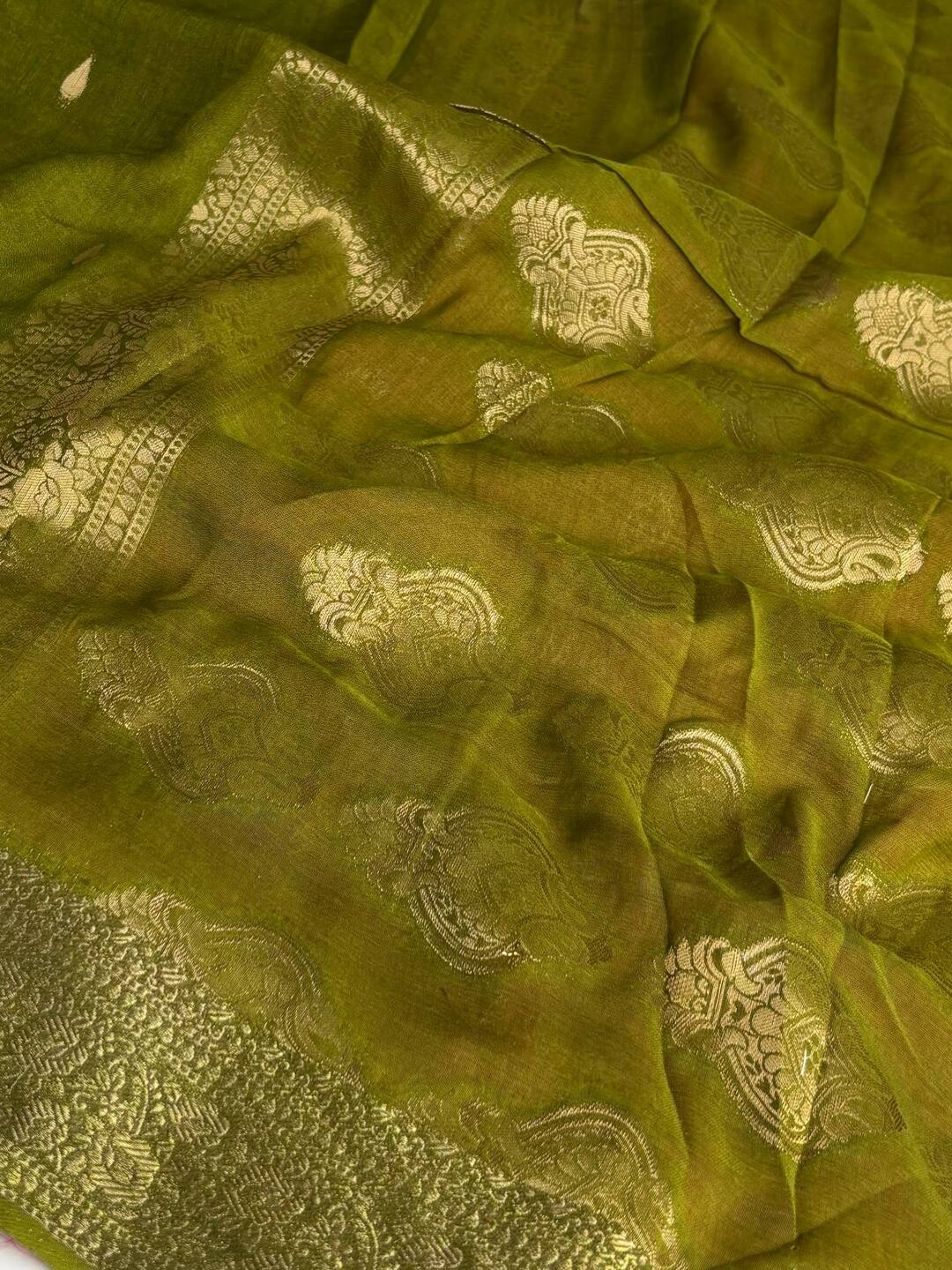 Olive Green Chiffon Silk Saree