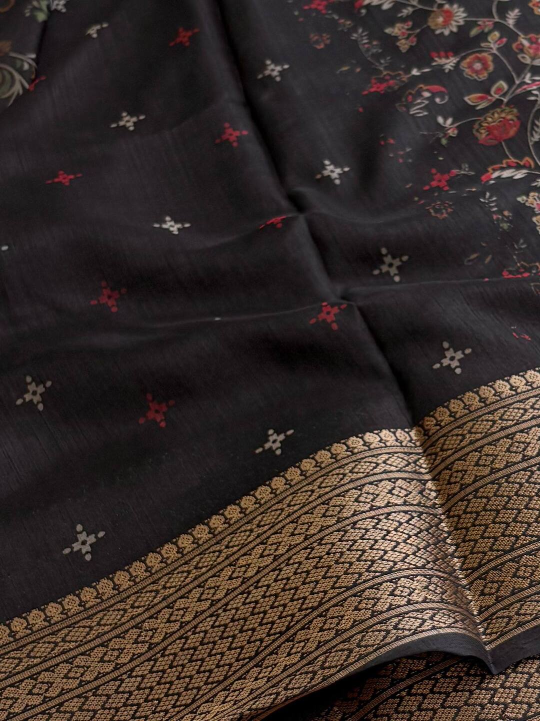 Black Printed Floral Chiffon Silk Saree
