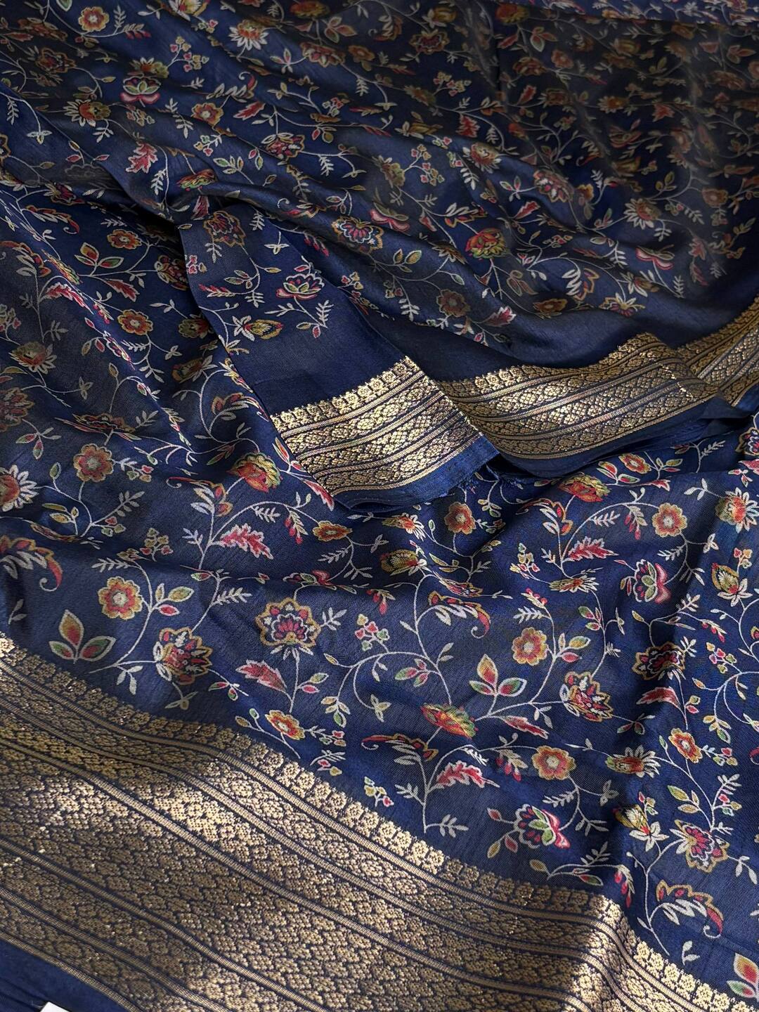 Navy Blue Printed Floral Chiffon Silk Saree