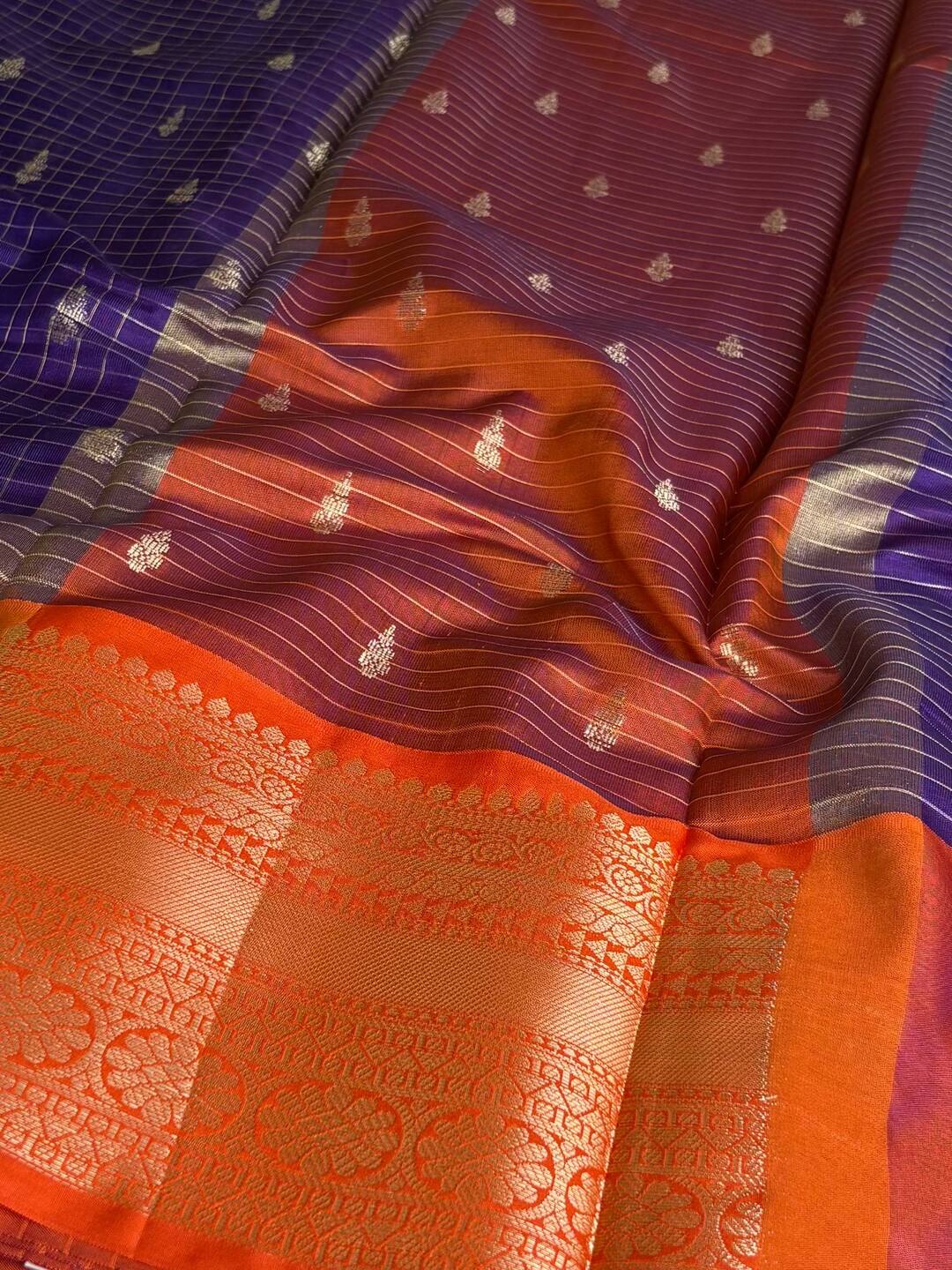 Violet Purple Checked Cotton Silk Saree