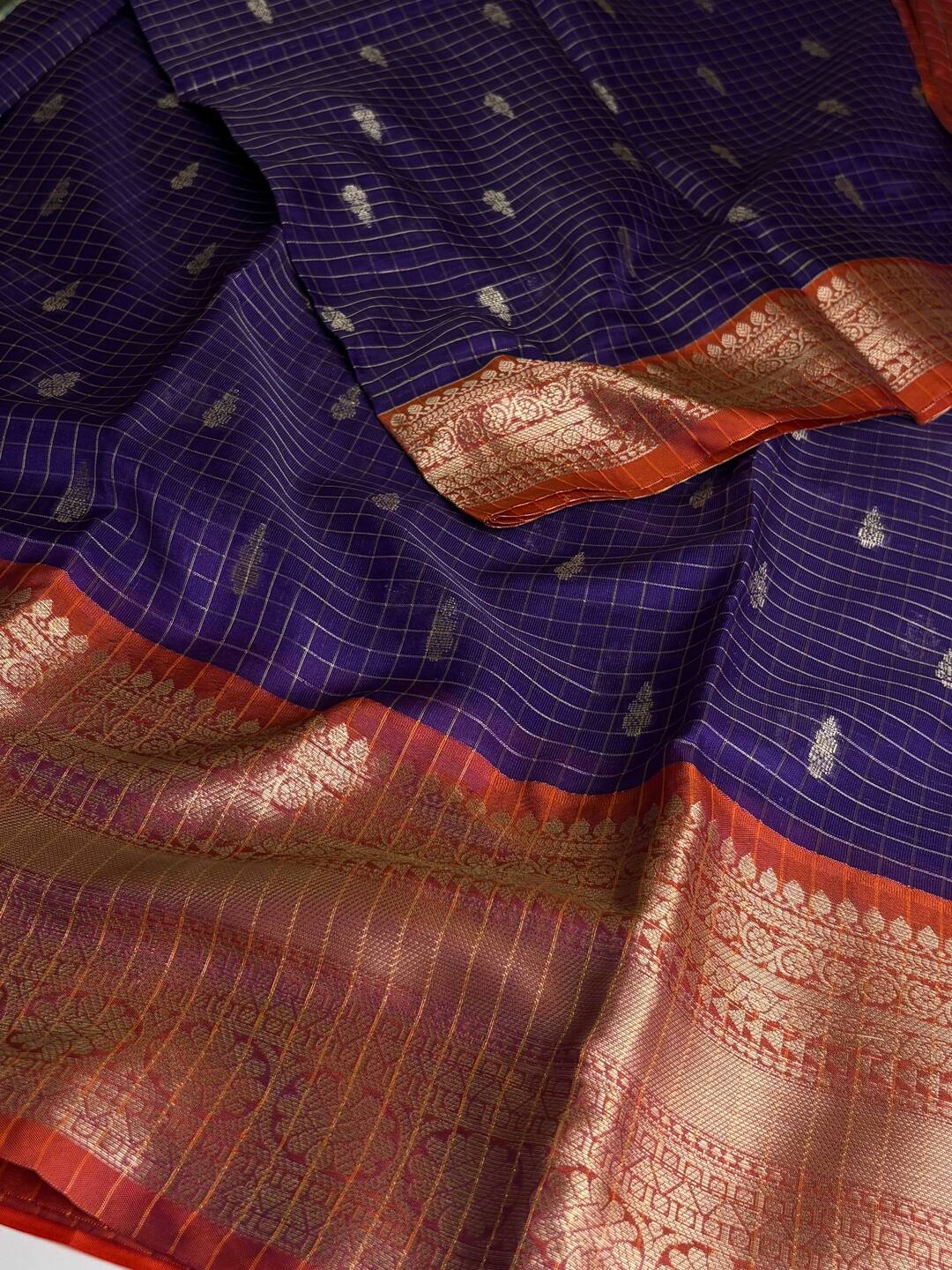 Violet Purple Checked Cotton Silk Saree