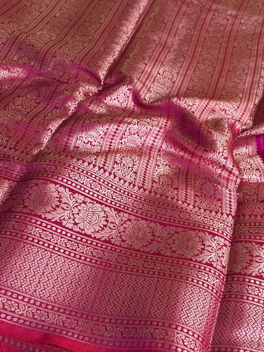 Magenta Pink With Copper Border Banaras Cotton Silk Saree