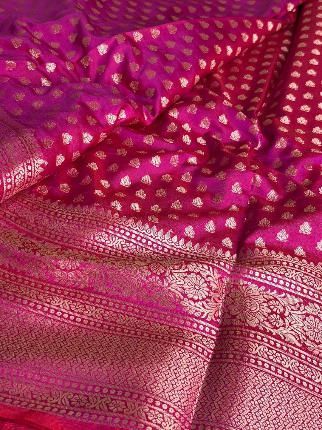 Magenta Pink With Copper Border Banaras Cotton Silk Saree