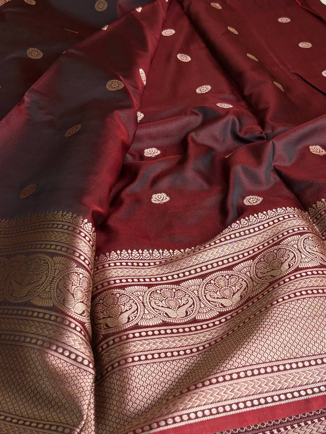 Maroon With Copper Border Banaras Cotton Silk Saree