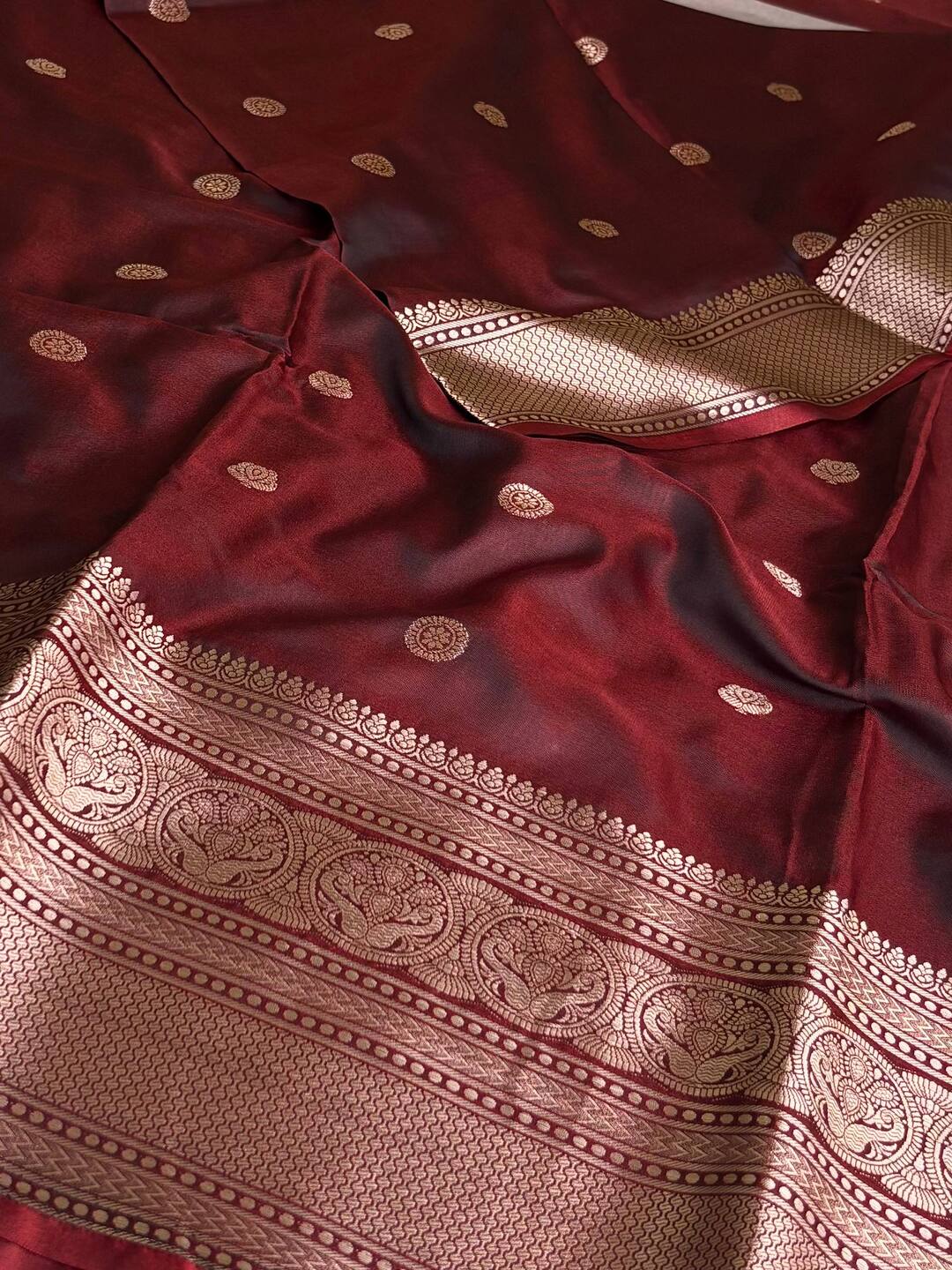 Maroon With Copper Border Banaras Cotton Silk Saree