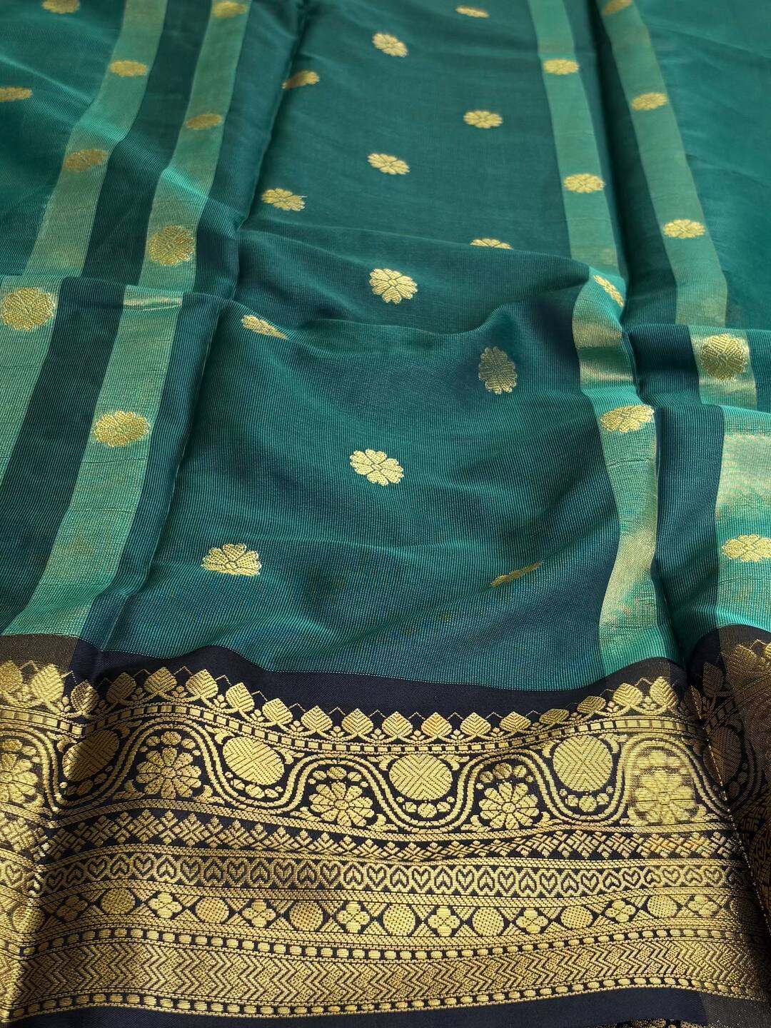 Teal Green With Black Banaras Cotton Silk Saree