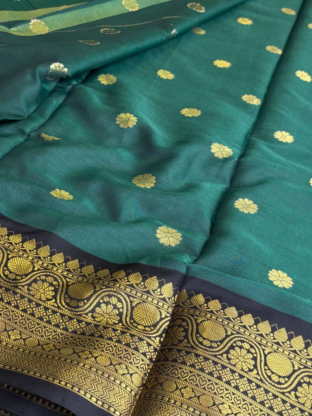 Teal Green With Black Banaras Cotton Silk Saree
