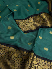 Teal Green With Black Banaras Cotton Silk Saree
