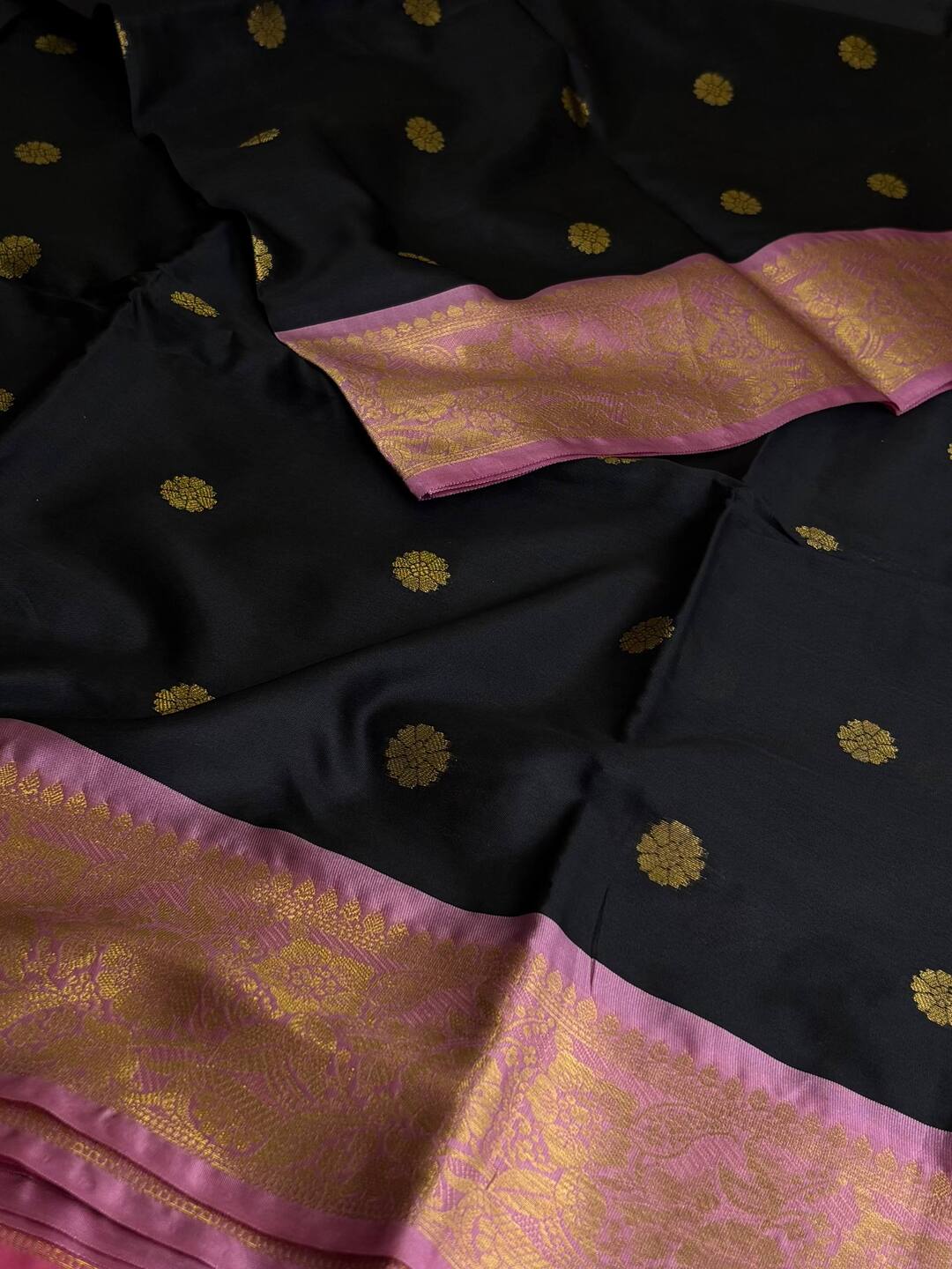Black With Baby Pink Banaras Cotton Silk Saree