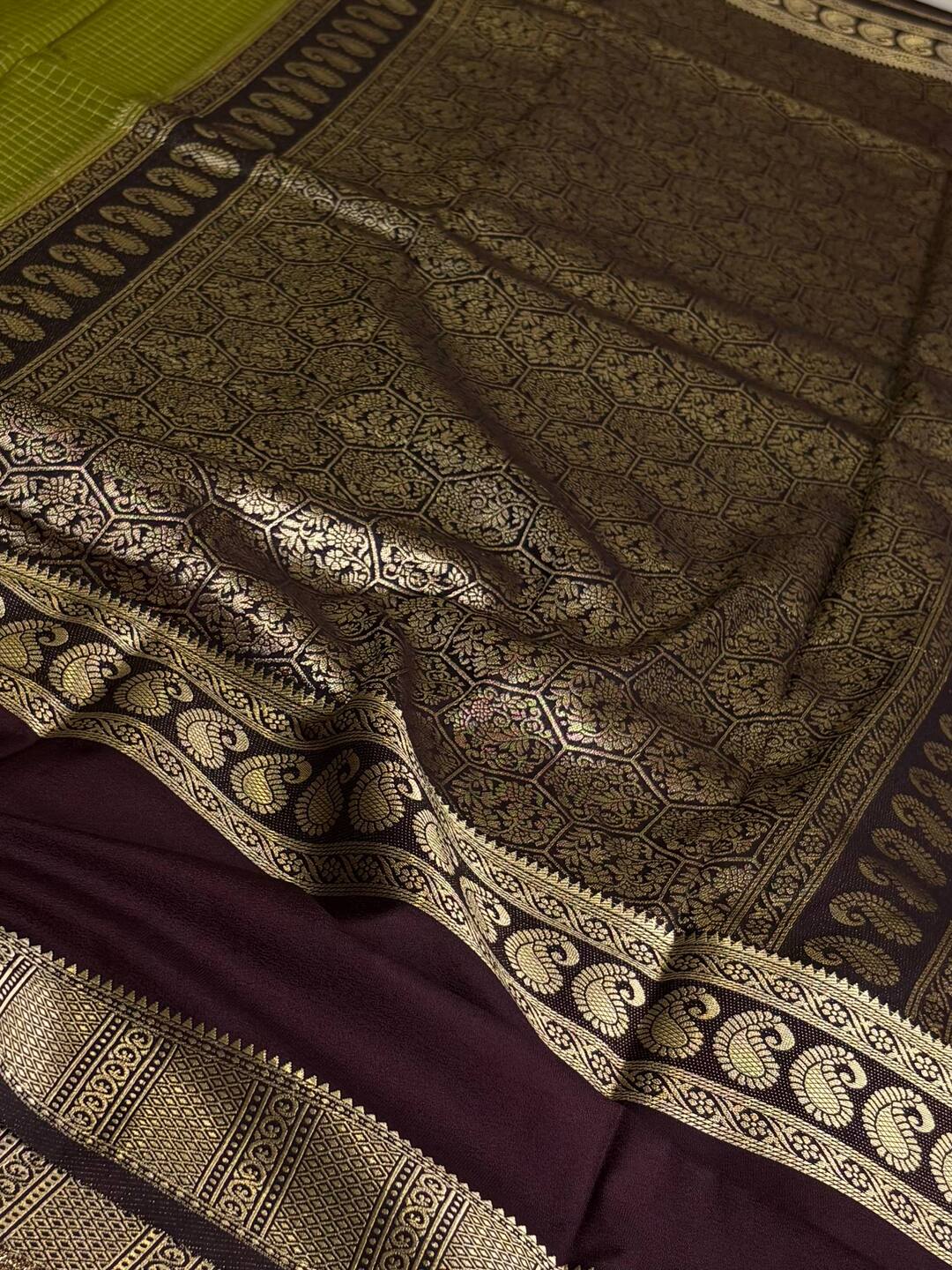 Apple Green Checked Chiffon Silk Saree
